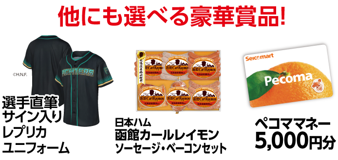 他にも選べる豪華賞品！選手直筆サイン入りレプリカユニフォーム/函館カールレイモンソーセージ・ベーコンセット/ペコママネーなど！